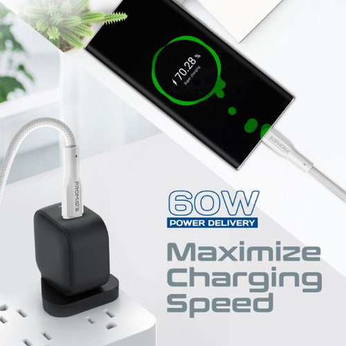 XCORD-CC200-WHT - PROMATE XCORD-CC200-WHT - 2m 60W USB-C to USB-C Super Flexible Cable 3A/20V Supports 3A/20V Charging & 480