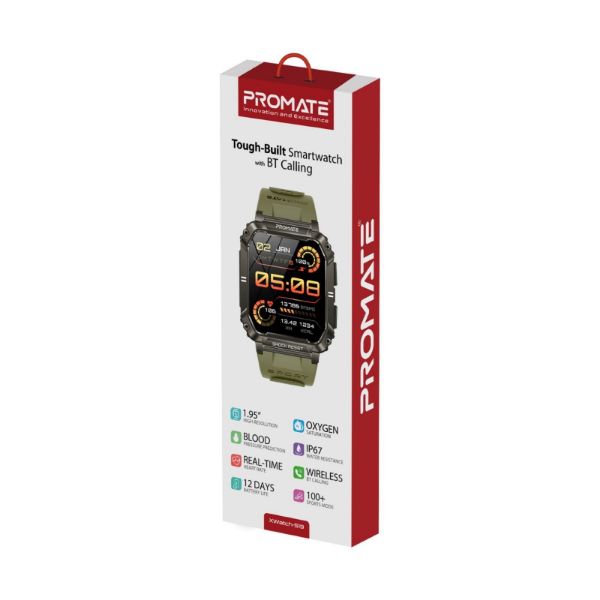 PROMATE XWATCH-S19-MNG - IP67 Shock-Resist Smart Watch w/ Fitness Tracker & Bluetooth Calling. Large 1.95'