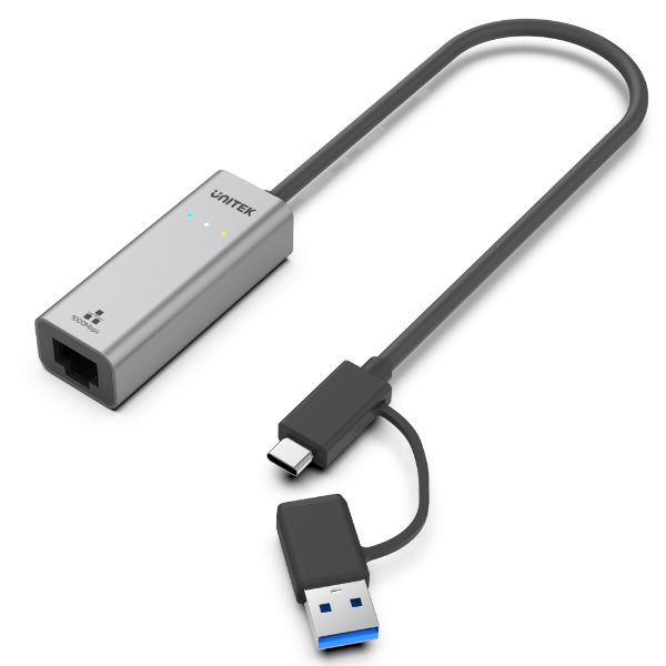 UNITEK Y-3465A - USB to Gig Ethernet Adapter w/ 2-in-1 Connectors (USB-C & USB-A). Supports up to 5Gbps