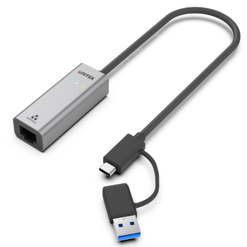 Y-3465A - UNITEK Y-3465A - USB to Gig Ethernet Adapter w/ 2-in-1 Connectors (USB-C & USB-A). Supports up to 5Gbps
