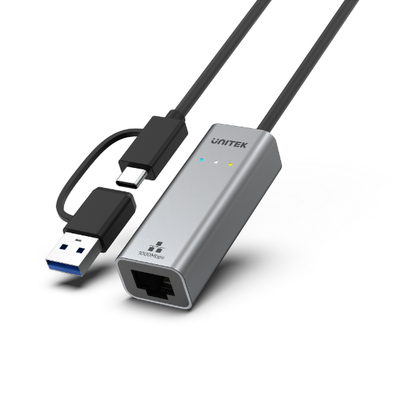 UNITEK Y-3465A - USB to Gig Ethernet Adapter w/ 2-in-1 Connectors (USB-C & USB-A). Supports up to 5Gbps