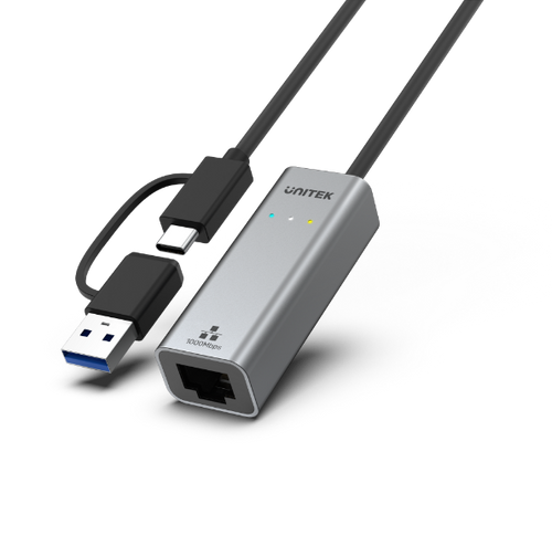 Y-3465A - UNITEK Y-3465A - USB to Gig Ethernet Adapter w/ 2-in-1 Connectors (USB-C & USB-A). Supports up to 5Gbps