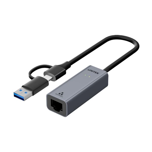 UNITEK Y-3465AV2 - USB to Gig Ethernet Adapter w/ 2-in-1 Connectors (USB-C & USB-A). Supports up to 5Gbps