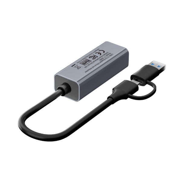 UNITEK Y-3465AV2 - USB to Gig Ethernet Adapter w/ 2-in-1 Connectors (USB-C & USB-A). Supports up to 5Gbps