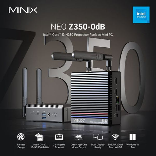 MINIX Z3500DB - Neo Z350-0dB Intel Core i3-N350 Fanless Mini PC Windows 11 Pro. 8 cores 16GB